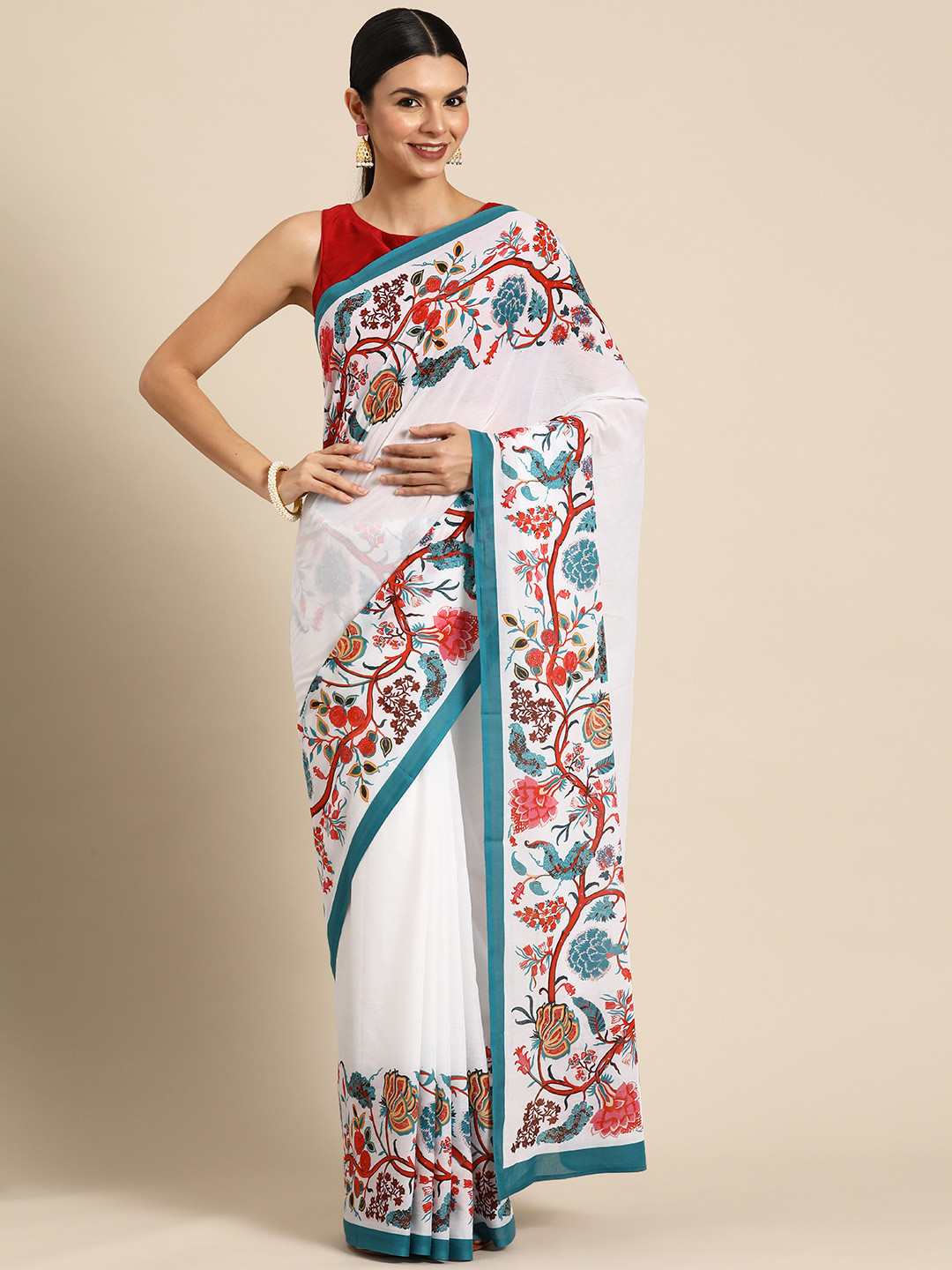 

BUTA BUTI Floral Pure Cotton Saree, White