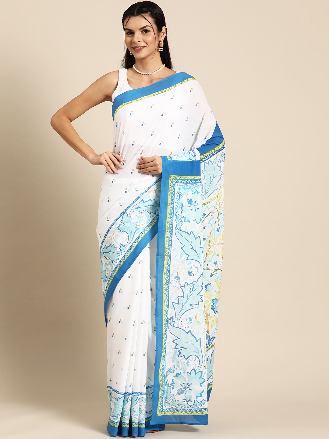 

BUTA BUTI Polka Dot Pure Cotton Saree, White