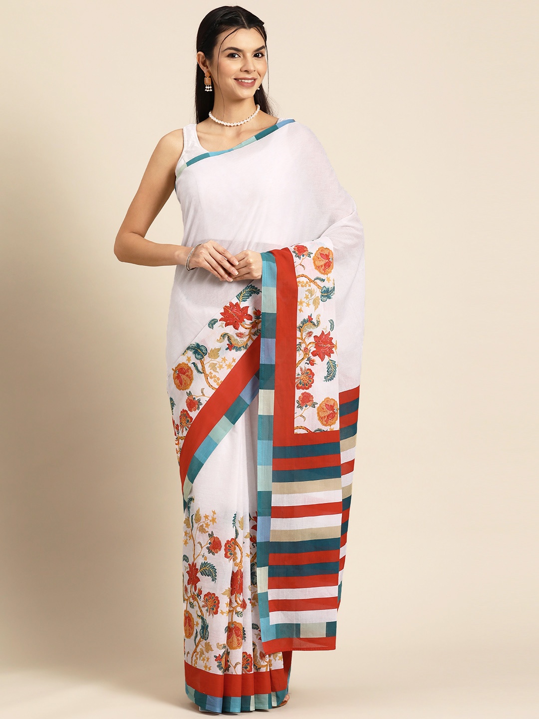 

BUTA BUTI Floral Pure Cotton Saree, White