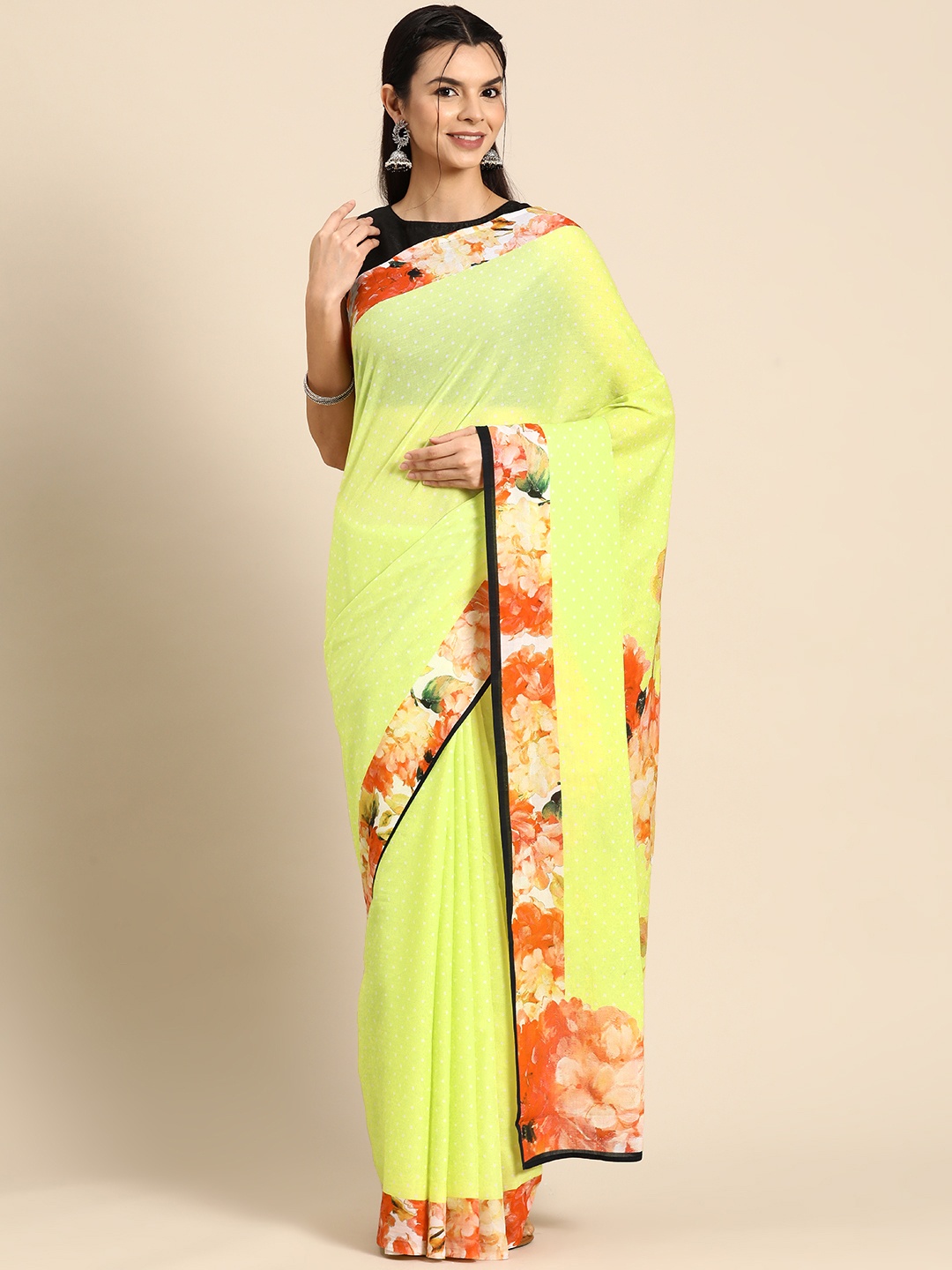 

BUTA BUTI Green Polka Dot Pure Cotton Saree