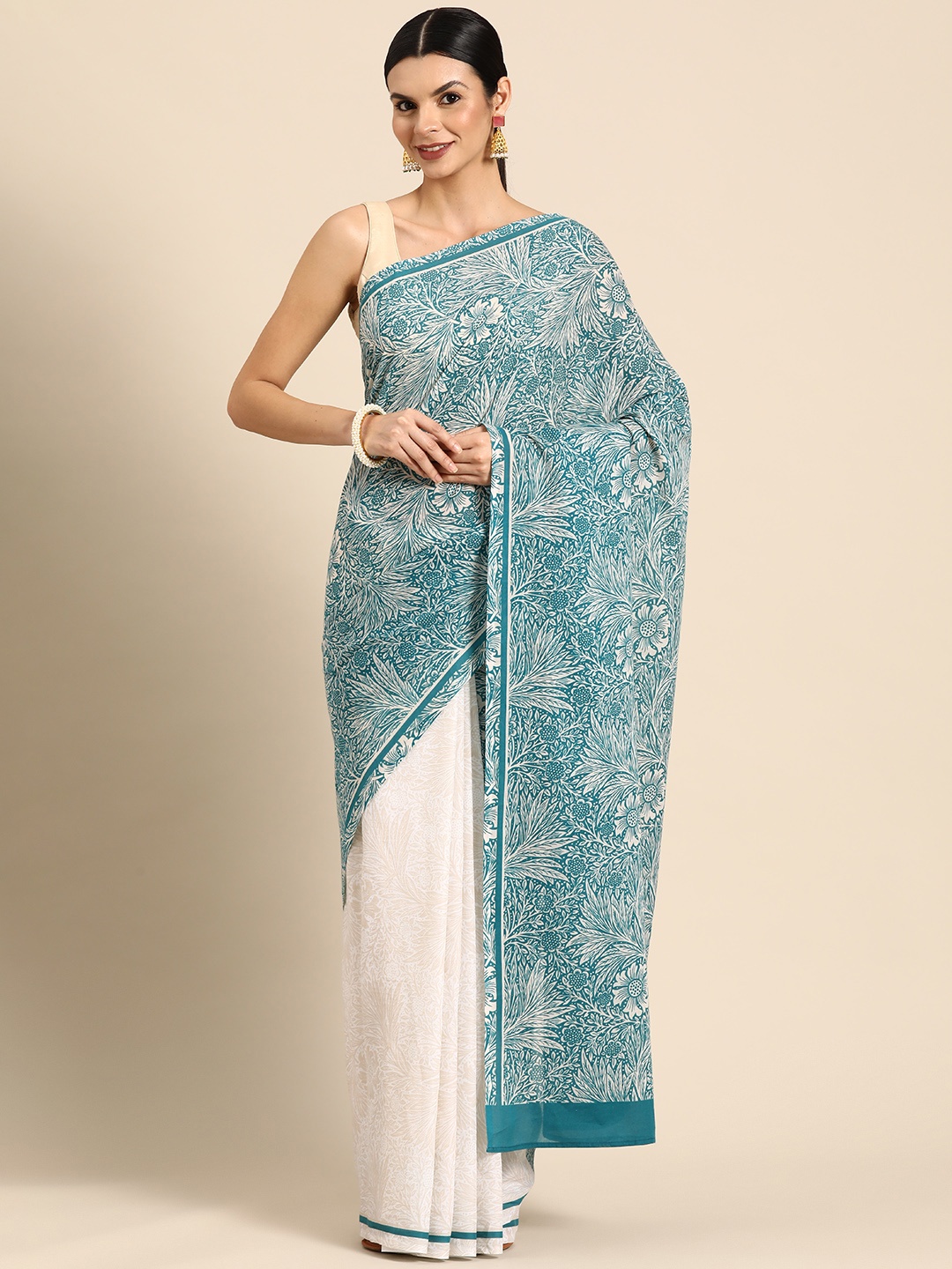 

BUTA BUTI Floral Printed Pure Cotton Saree, Turquoise blue