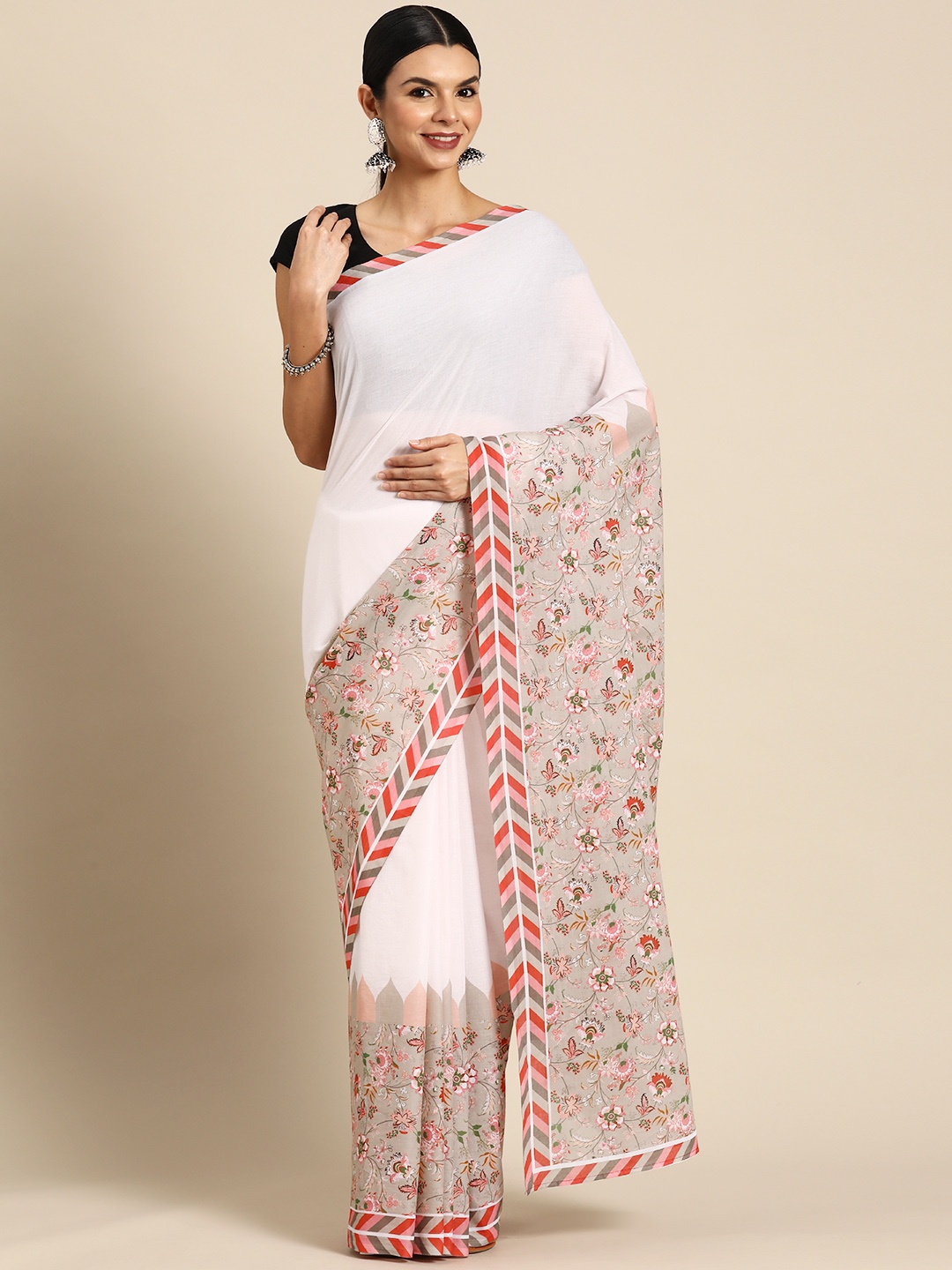 

BUTA BUTI Floral Pure Cotton Saree, White
