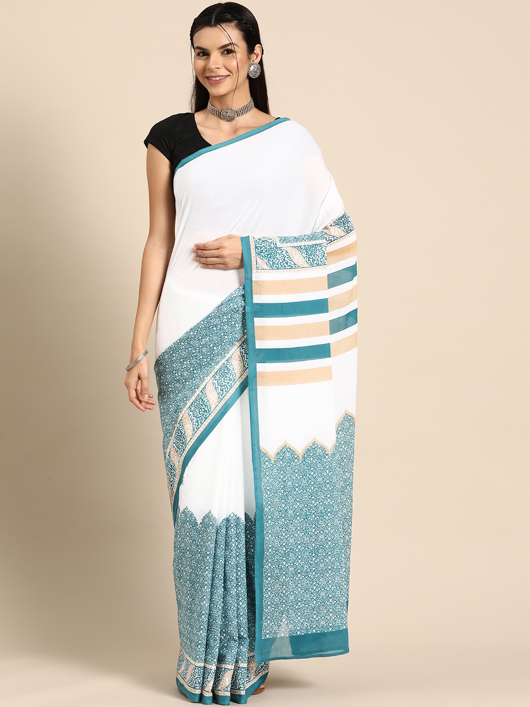 

BUTA BUTI Floral Pure Cotton Saree, White