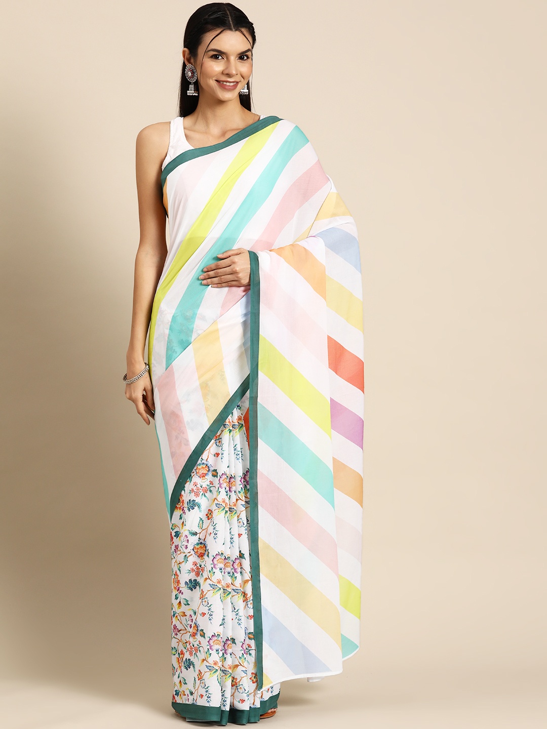 

BUTA BUTI Striped Pure Cotton Saree, White