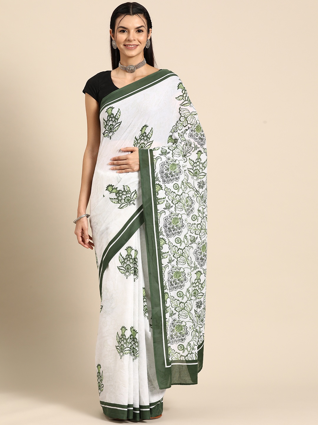 

BUTA BUTI Floral Pure Cotton Saree, White