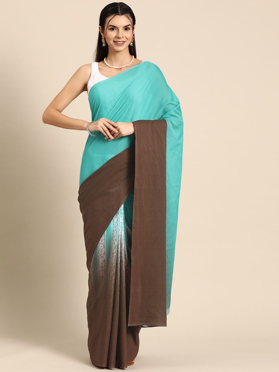 

BUTA BUTI Colourblocked Pure Cotton Saree, Turquoise blue