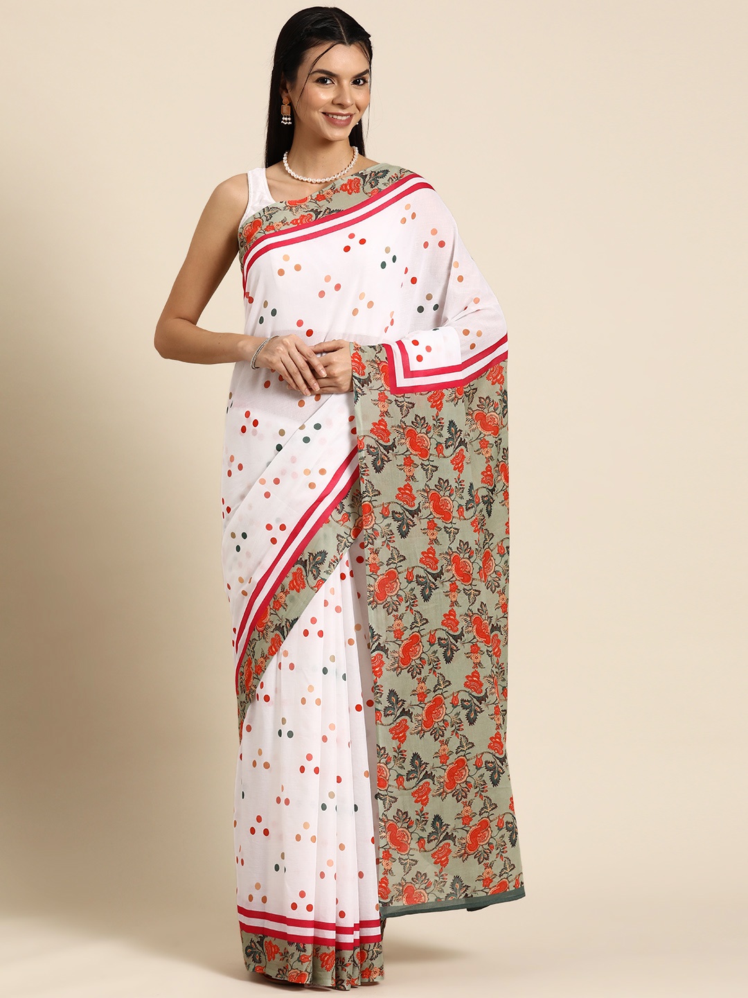 

BUTA BUTI Polka Dot Pure Cotton Saree, White