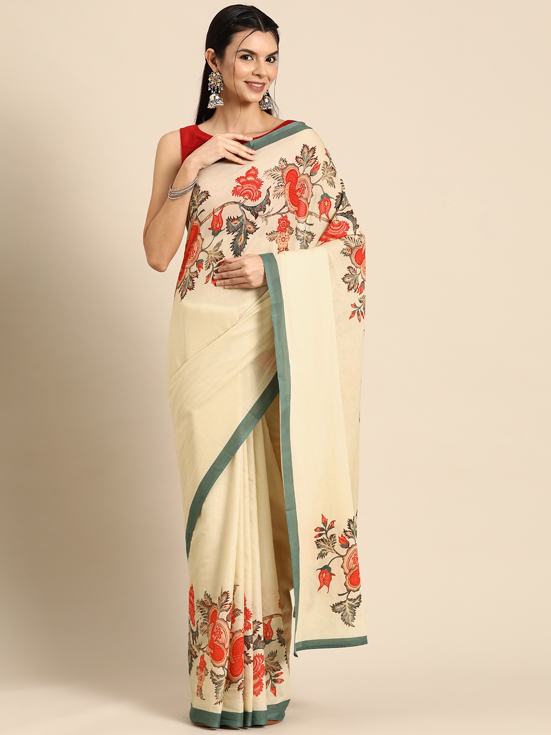 

BUTA BUTI Floral Pure Cotton Saree, Beige