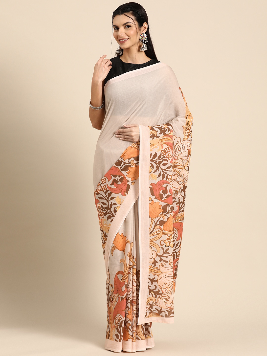 

BUTA BUTI Floral Pure Cotton Saree, Beige