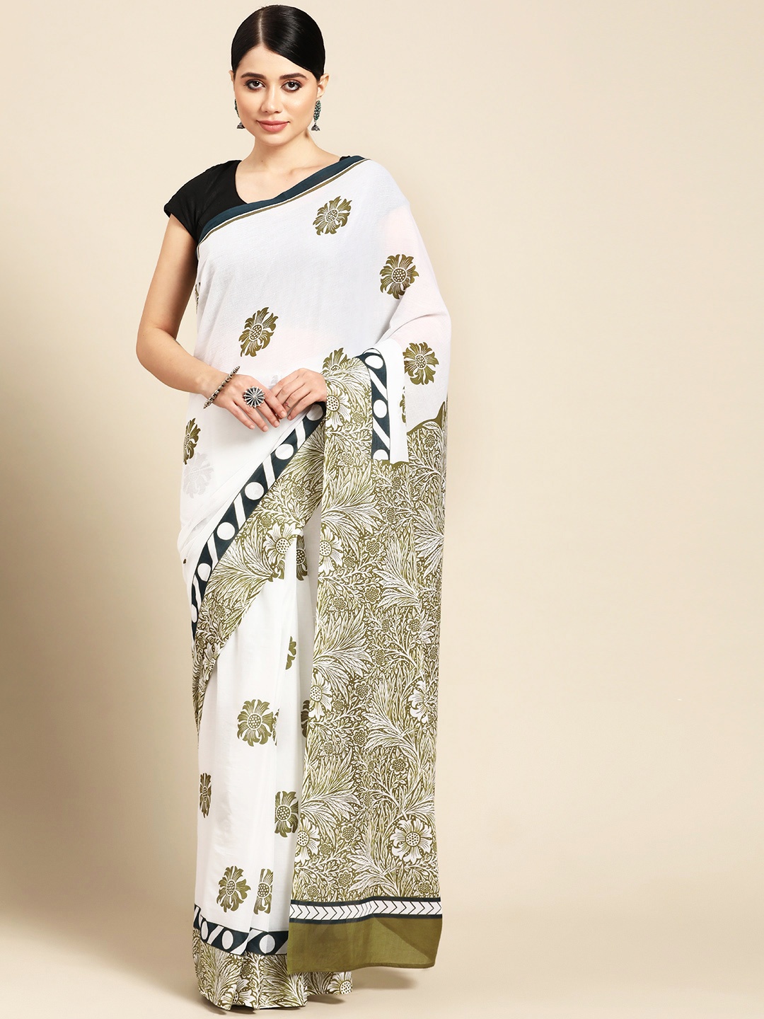 

BUTA BUTI Floral Pure Cotton Saree, White