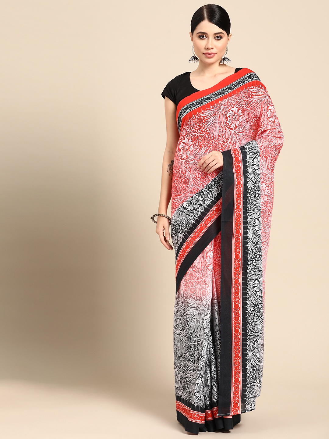 

BUTA BUTI Floral Pure Cotton Saree, Red