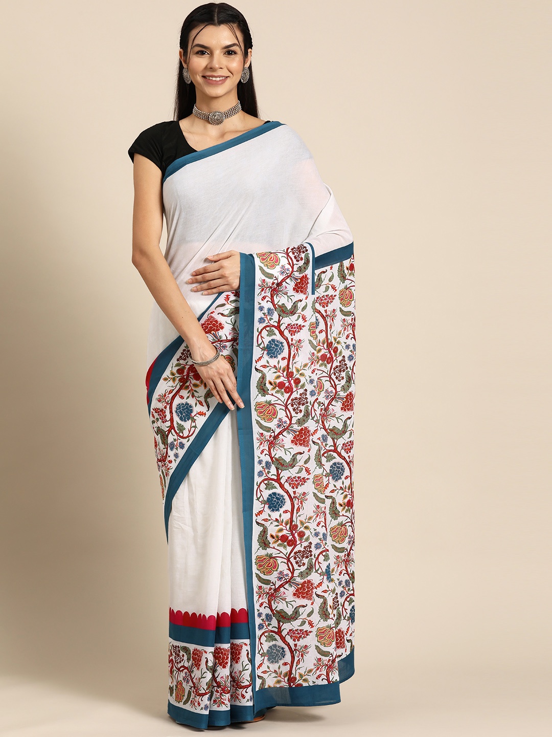 

BUTA BUTI Floral Pure Cotton Saree, White