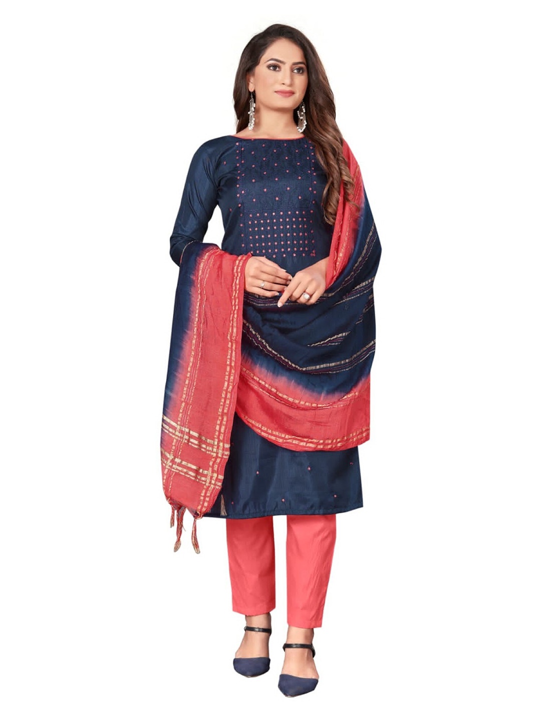 

ZEEPKART Floral Embroidered Unstitched Dress Material, Blue