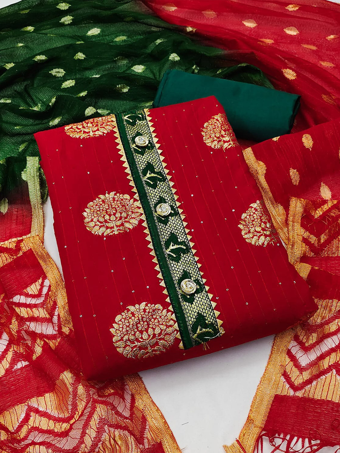 

ZEEPKART Ethnic Motifs Woven Design Unstitched Dress Material, Red