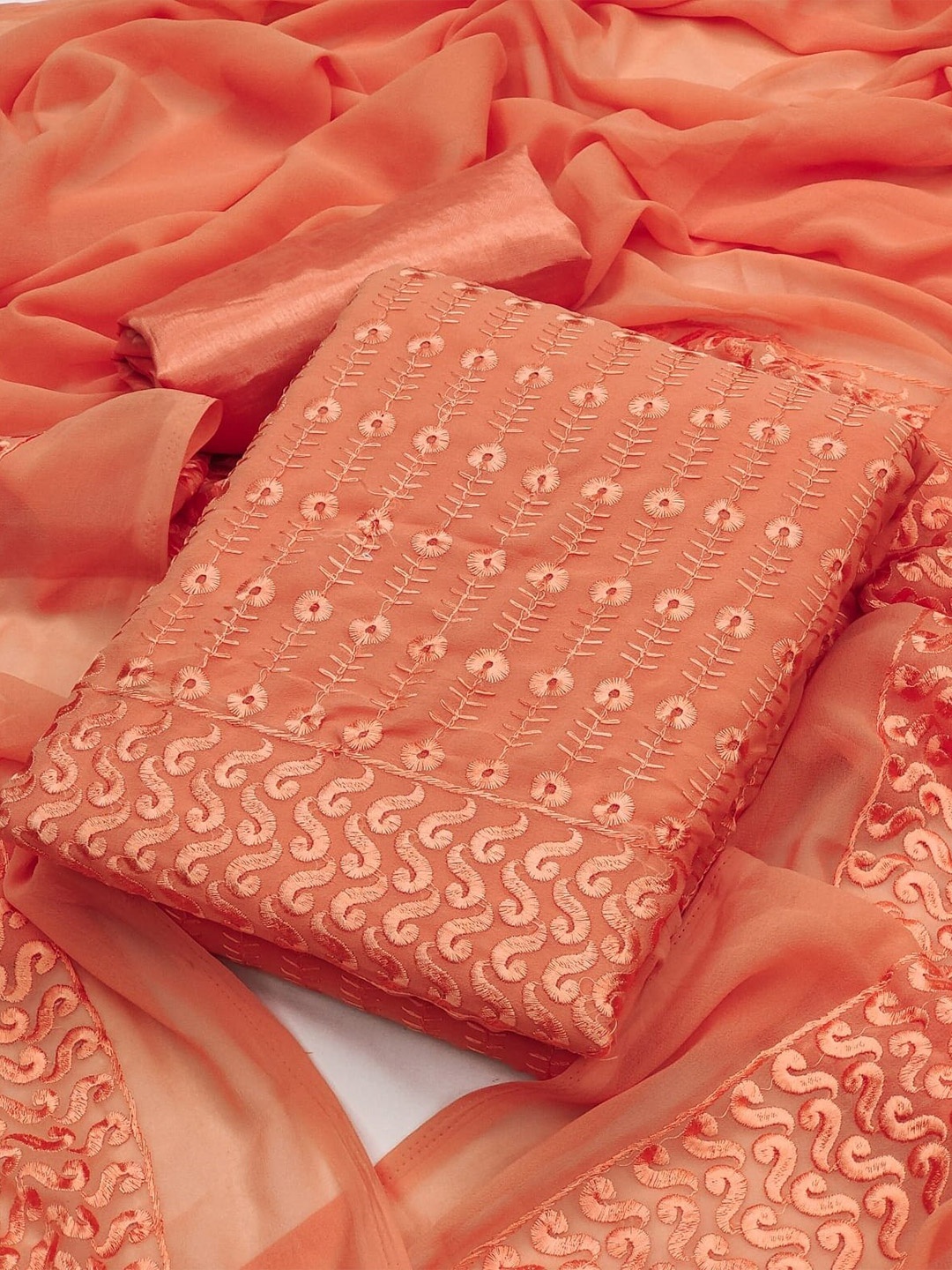 

ZEEPKART Ethnic Motifs Embroidered Orange Silk Georgette Unstitched Dress Material