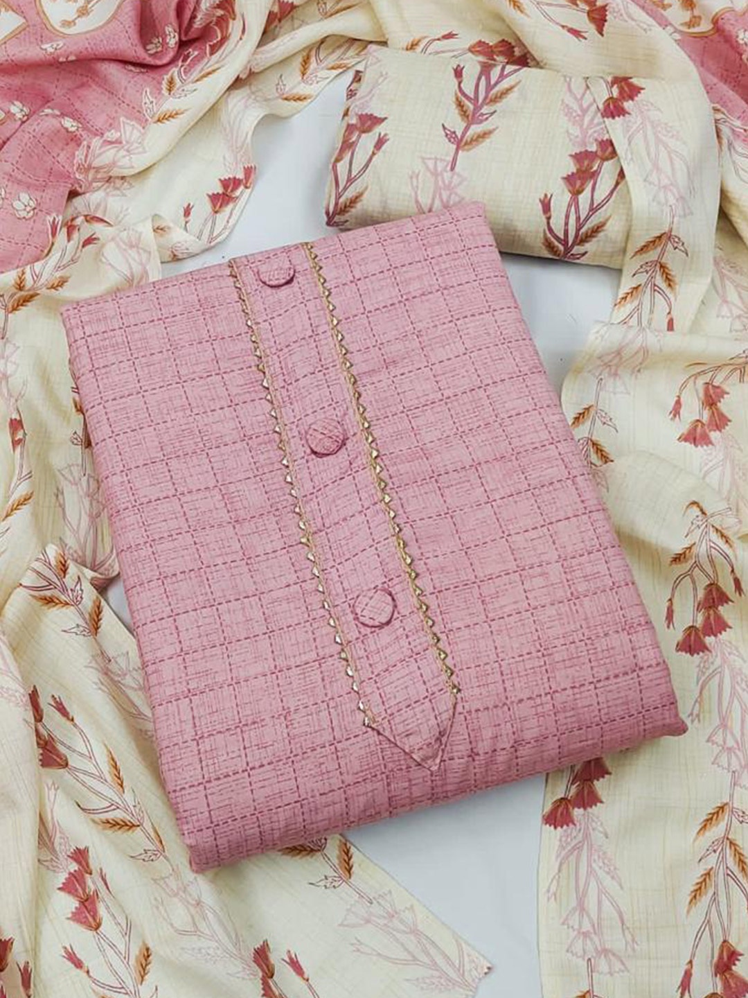 

ZEEPKART Chceked Unstitched Dress Material, Pink