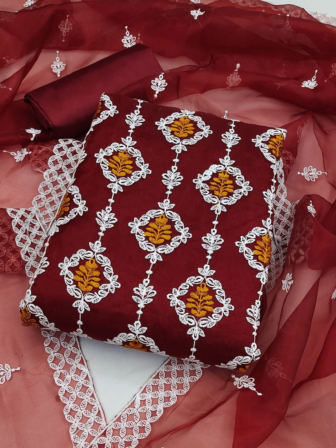 

ZEEPKART Ethnic Motifs Embroidered Organza Unstitched Dress Material, Maroon