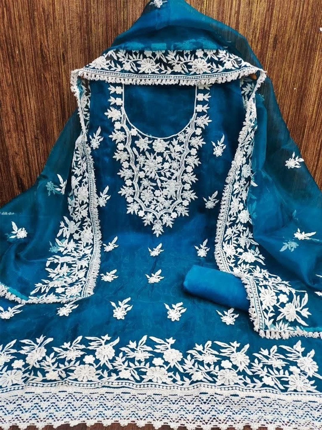 

ZEEPKART Floral Embroidered Organza Unstitched Dress Material, Blue