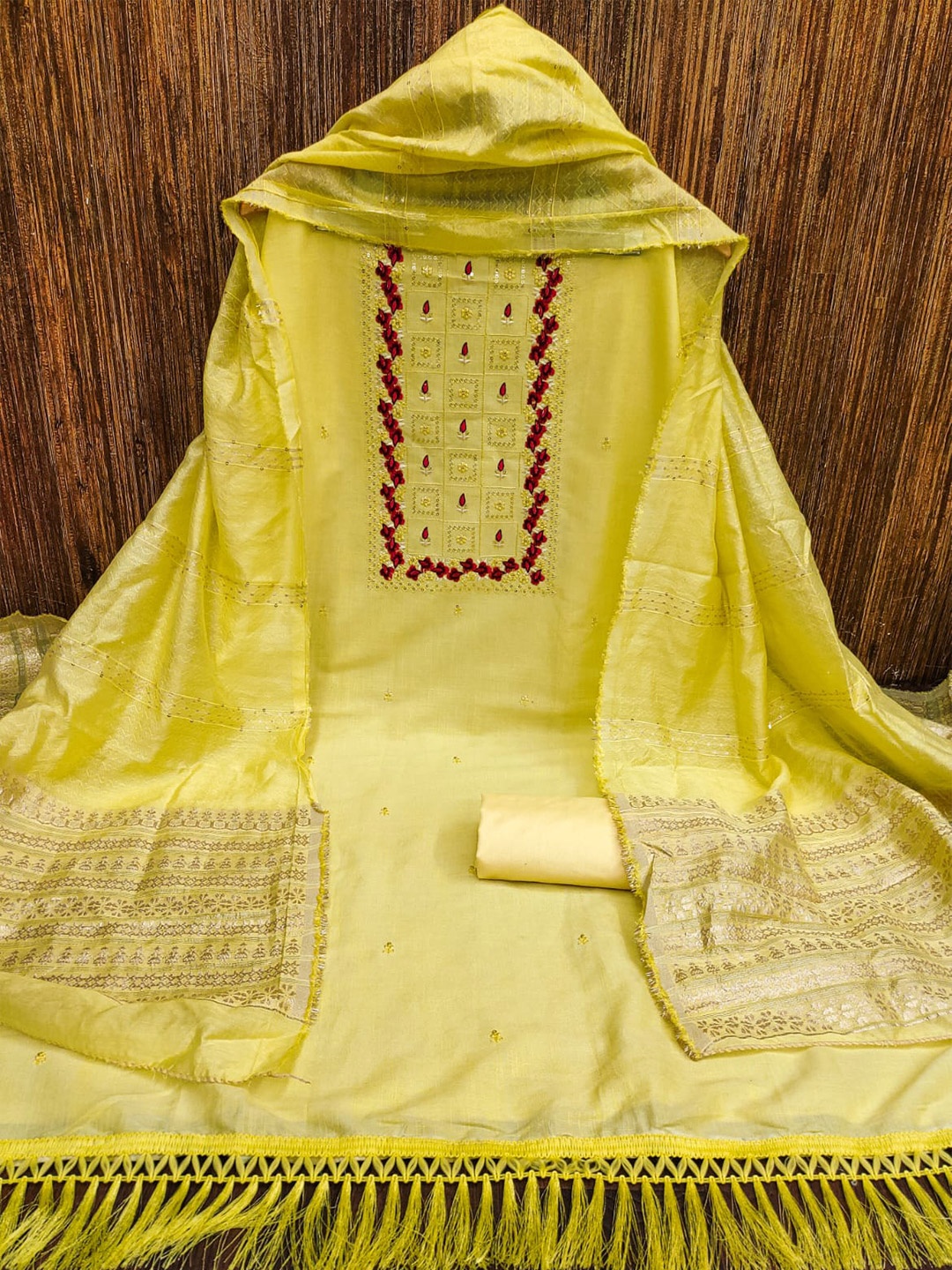 

ZEEPKART Embroidered Silk Georgette Unstitched Dress Material, Yellow