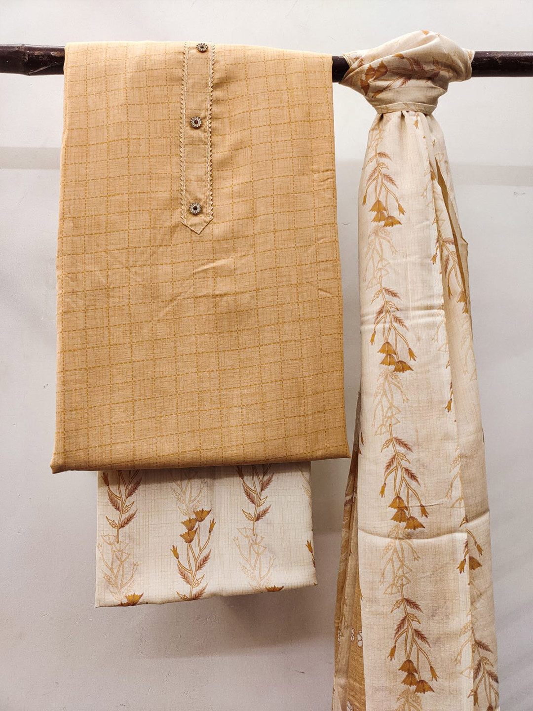 

ZEEPKART Checked Unstitched Dress Material, Gold