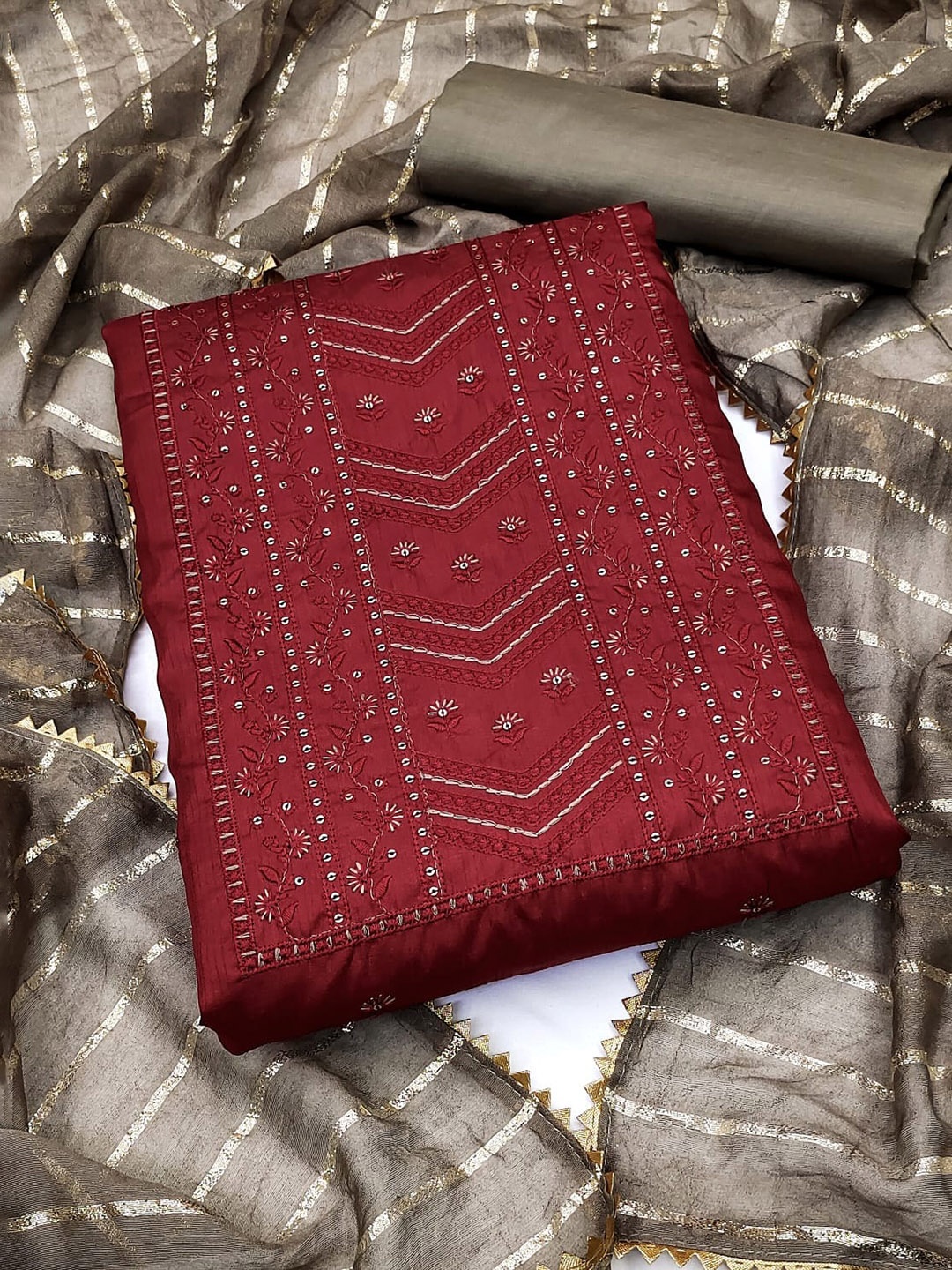 

ZEEPKART Embroidered Unstitched Dress Material, Red