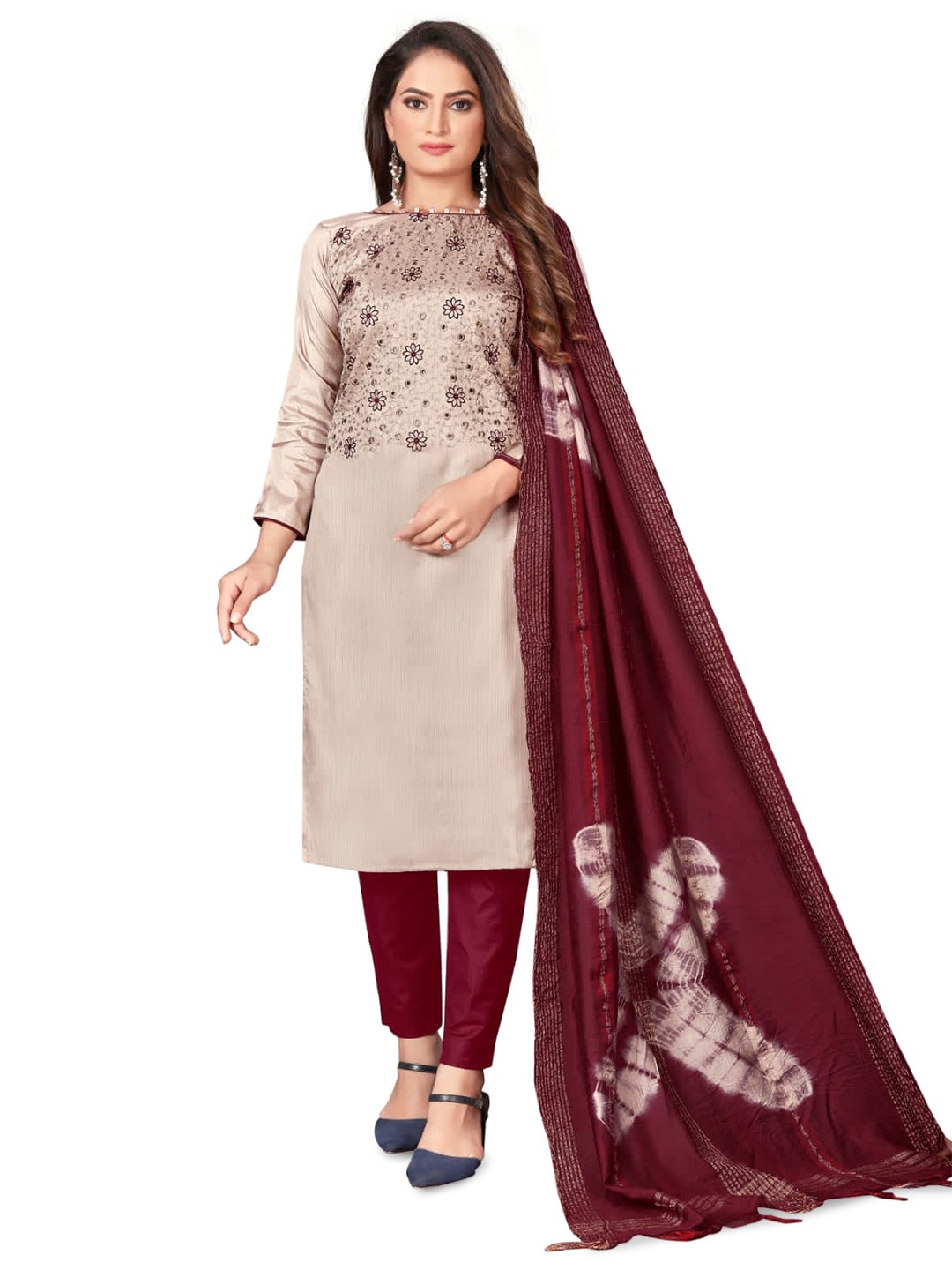 

ZEEPKART Floral Embroidered Unstitched Dress Material, Cream