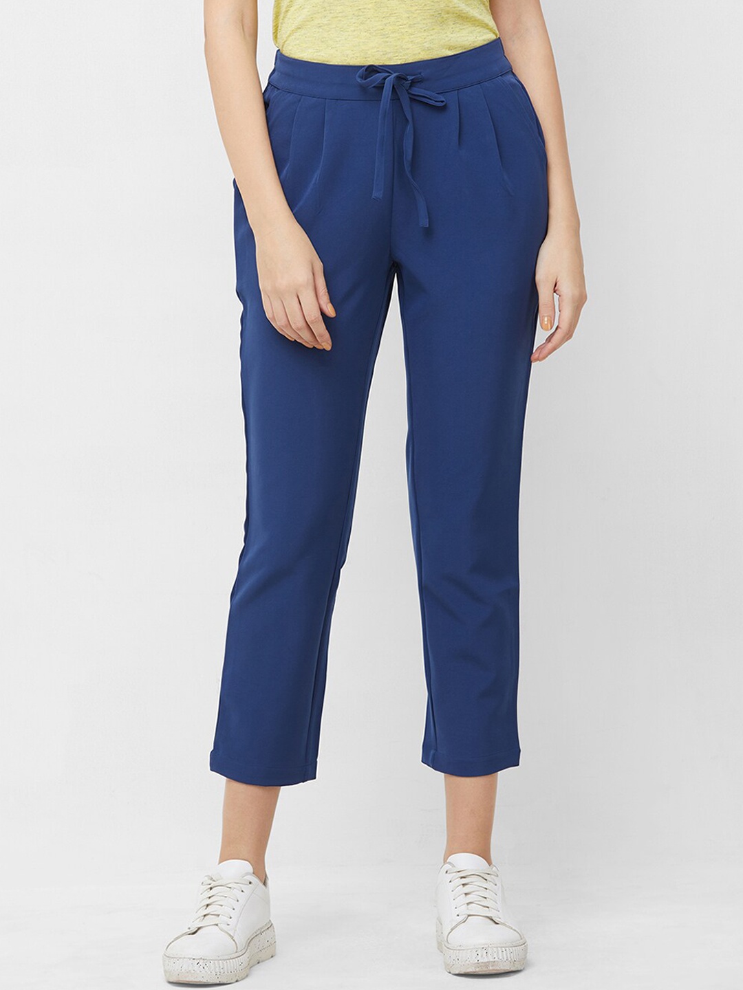 

109F Women Pleated Cotton Peg Trousers, Navy blue