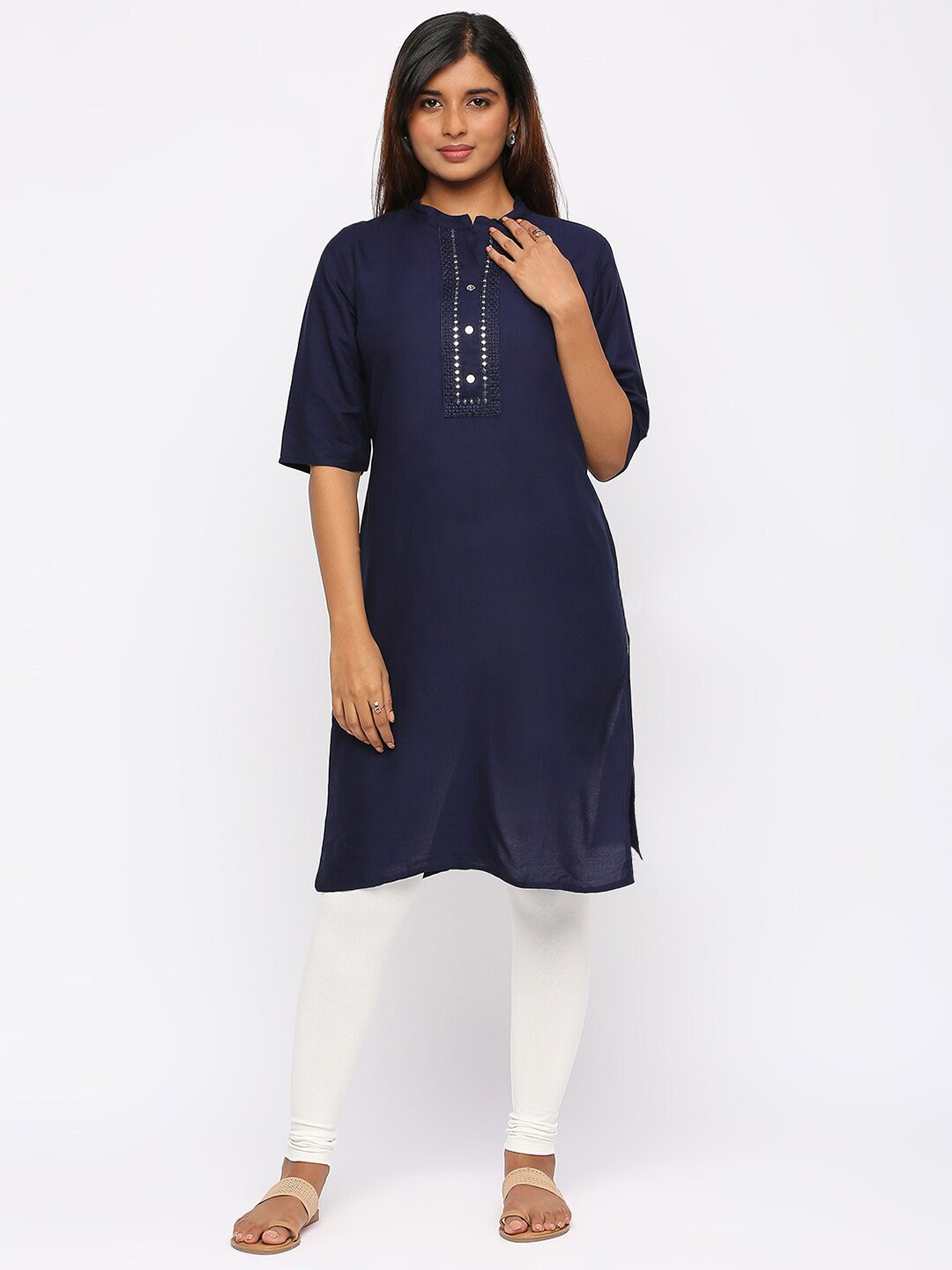 

ZRI Mandarin Collar Straight Kurta, Navy blue