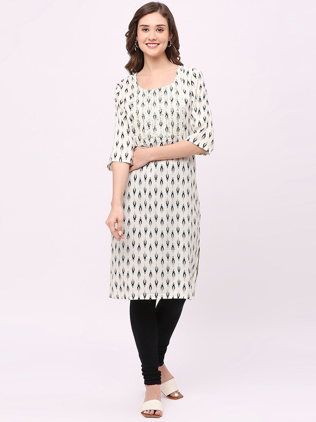 

ZRI Ethnic Printed Round Neck A-Line Kurta, Cream