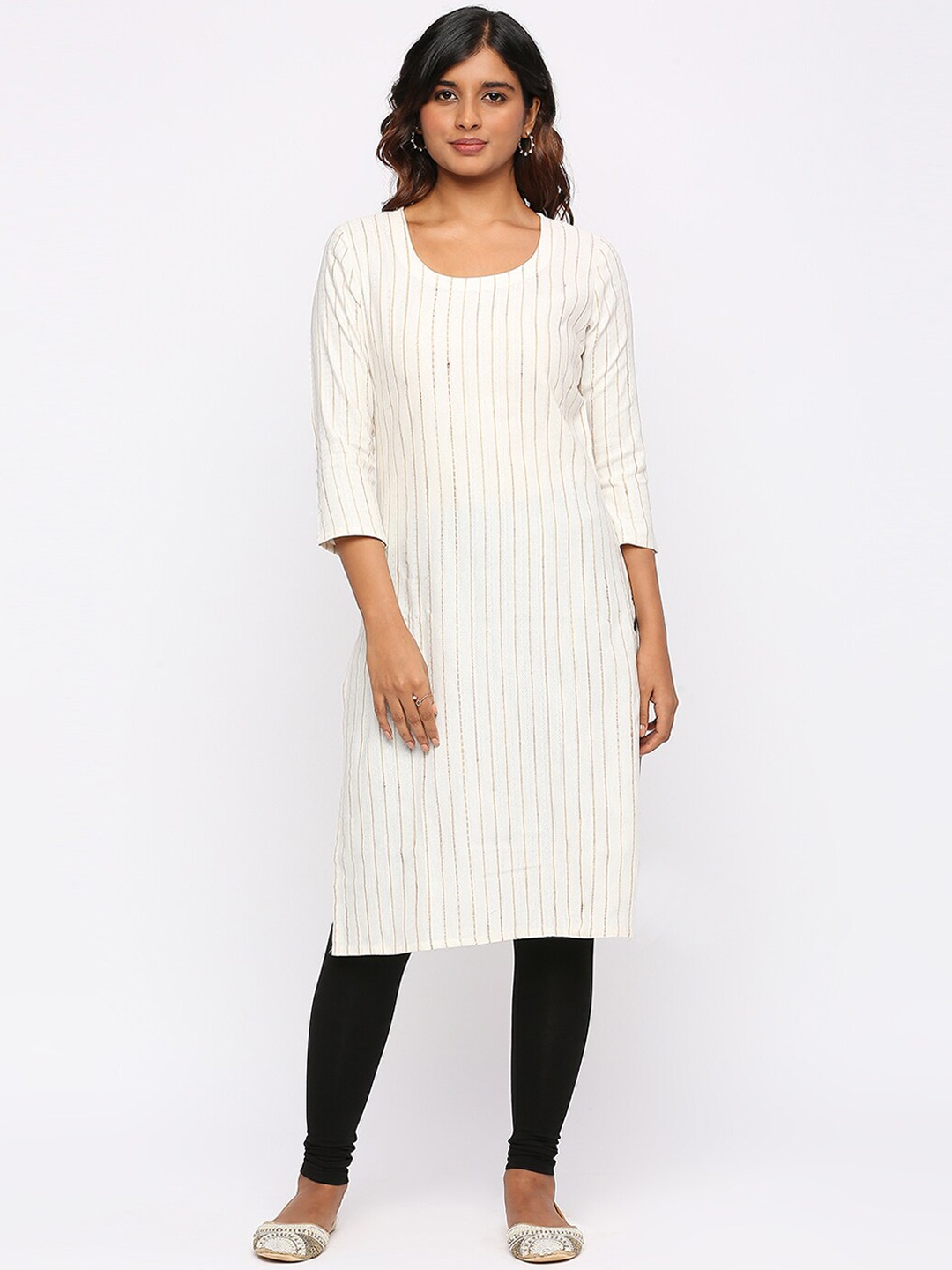 

ZRI Striped Round Neck Cotton Straight Kurta, Cream