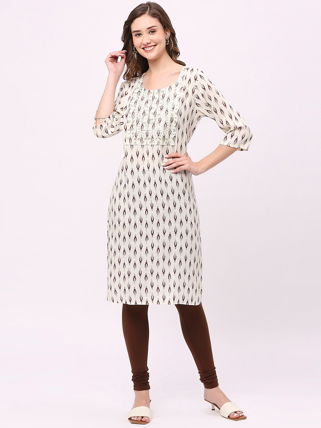 

ZRI Ethnic Motif Printed Round Neck A-Line Kurta, Cream