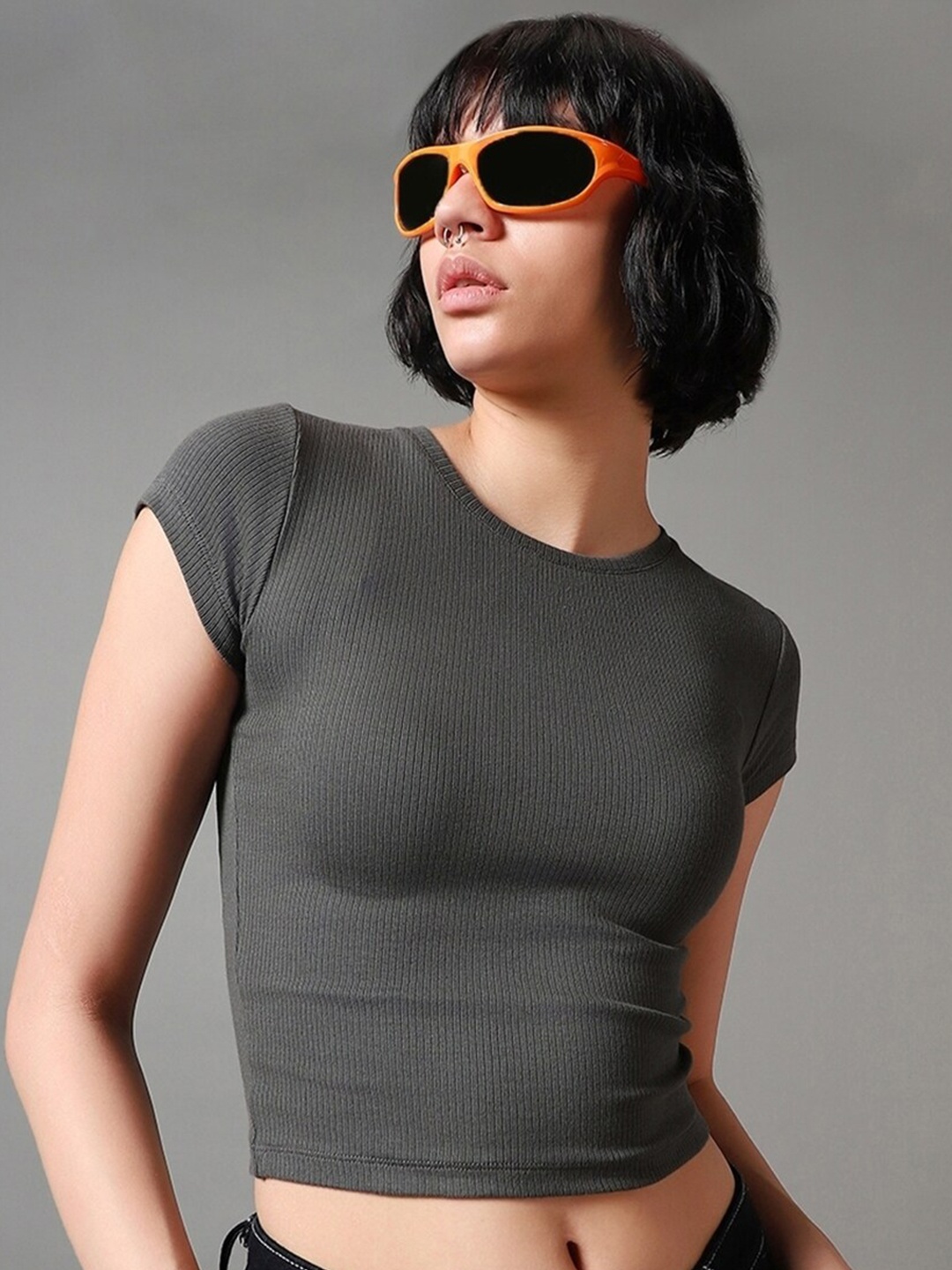 Bewakoof Grey Cap Sleeves Cotton Crop Top