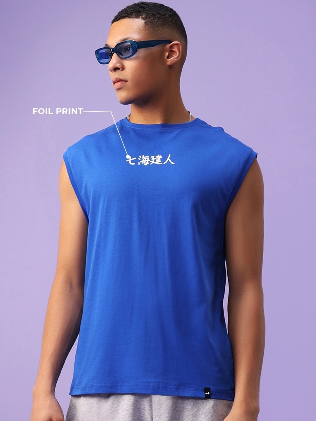 

Bewakoof Blue Printed Pure Cotton Gym Vest