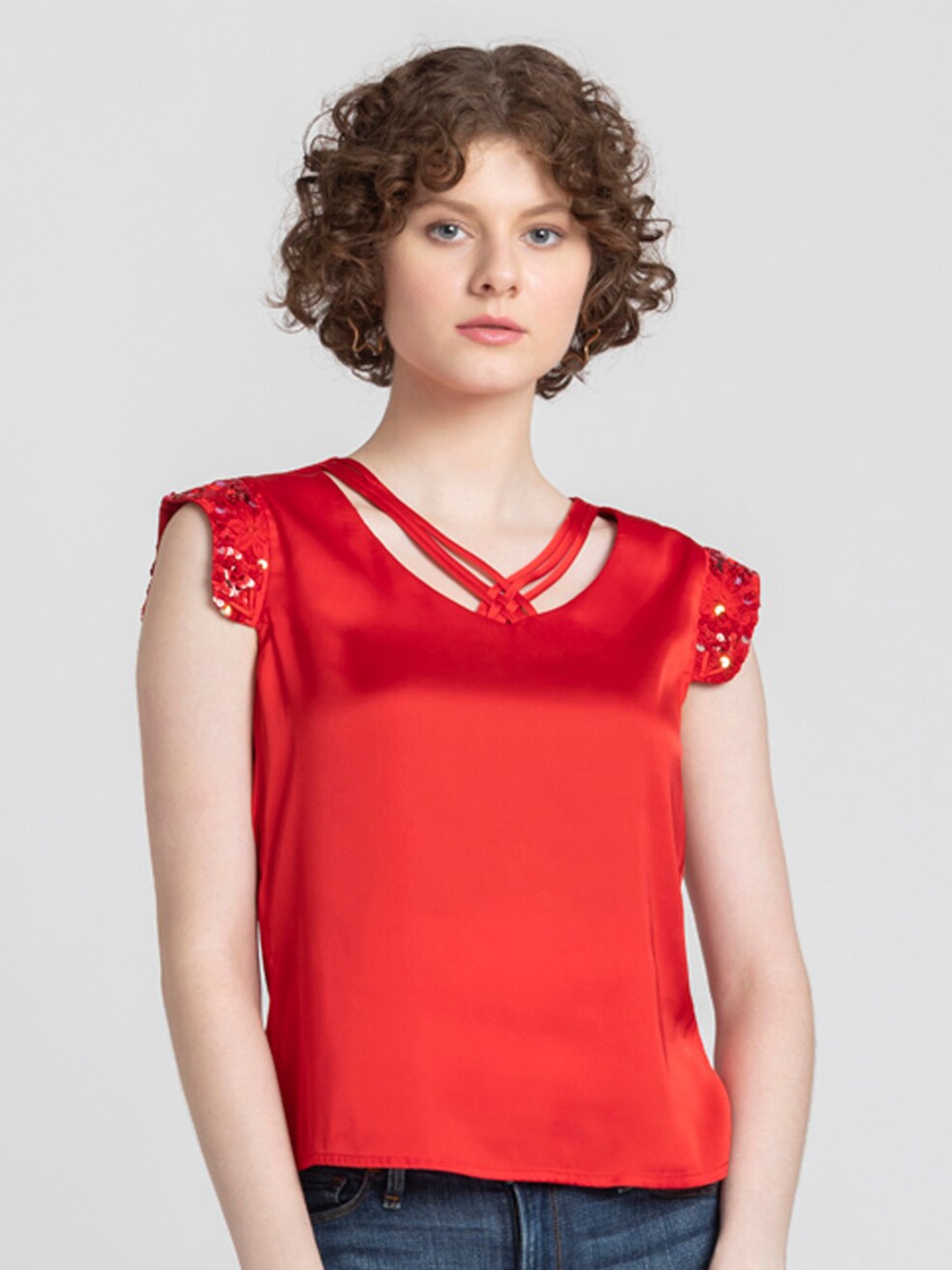 SHAYE V-Neck Cap Sleeves Top, Red