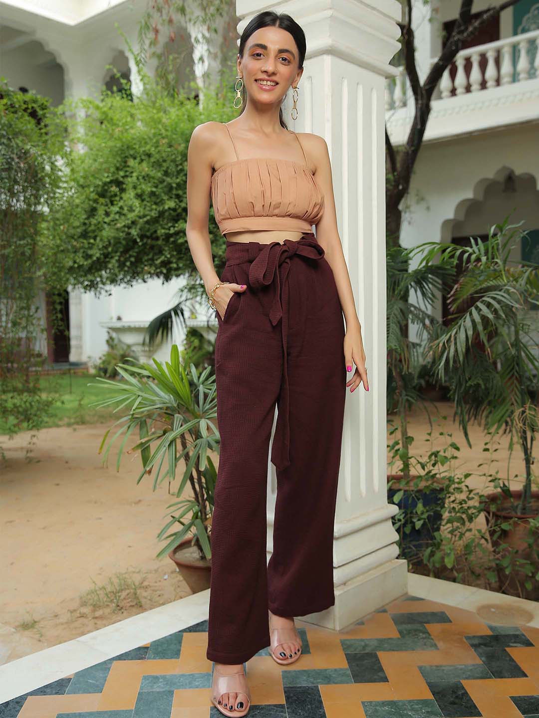 

KAORI BY SHREYA AGARWAL Pure Cotton Shoulder Straps Top & Trousers, Coffee brown