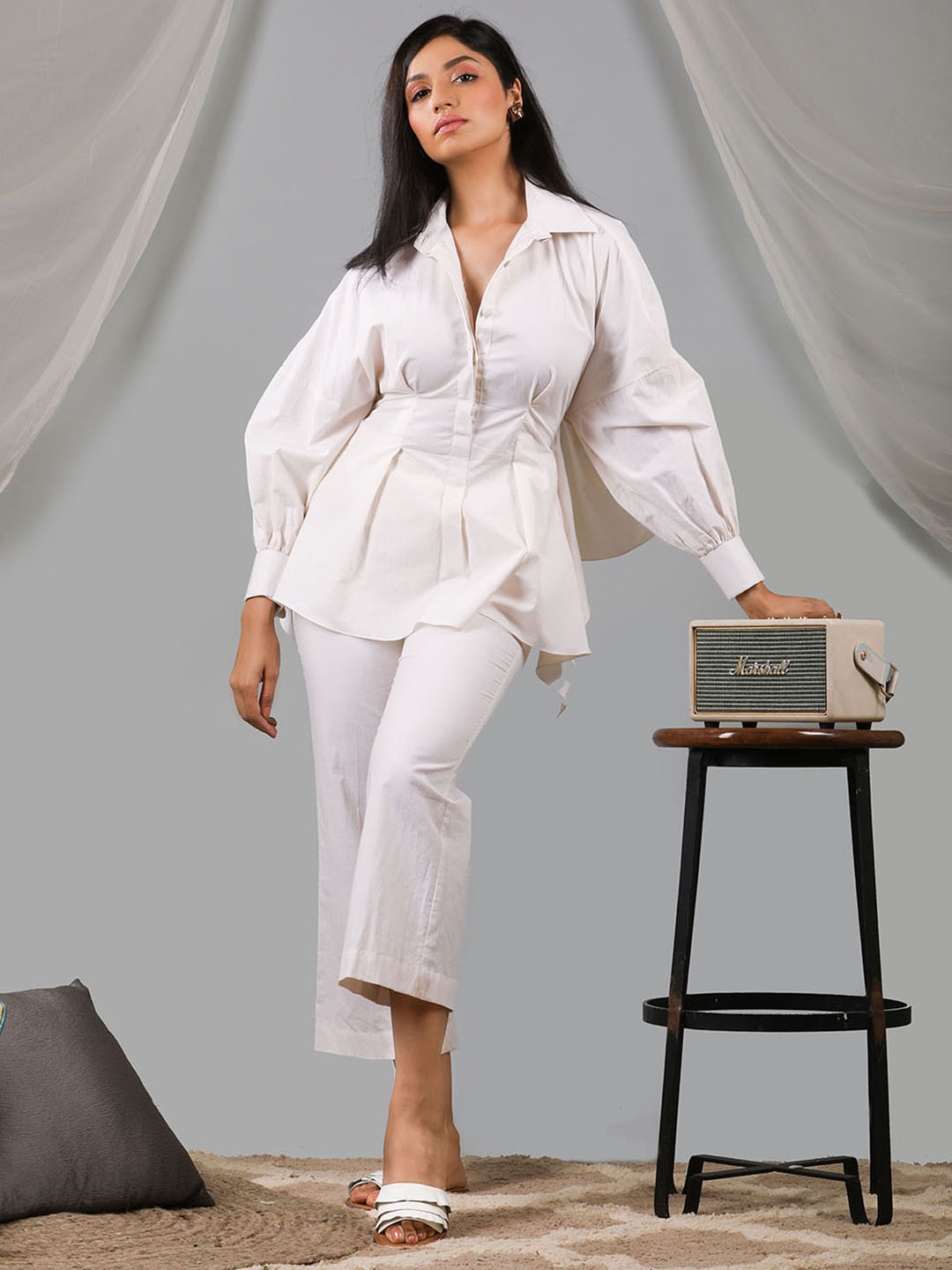 

KAORI BY SHREYA AGARWAL Pure Cotton Shirt Collar Top With Trousers, White