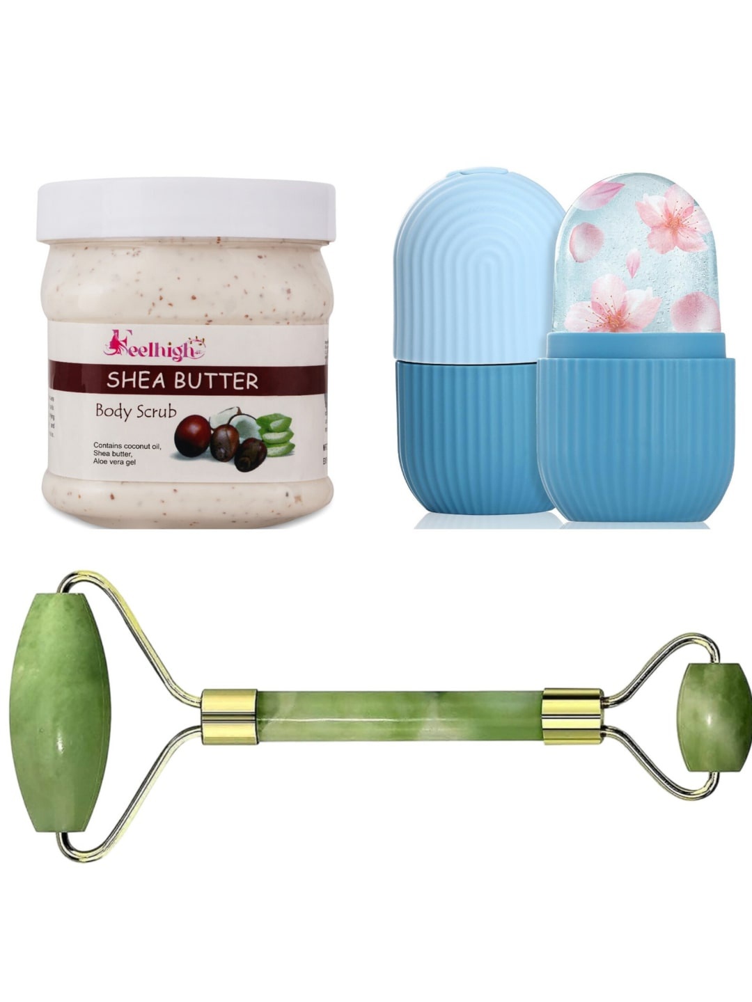 

FEELHIGH Shea Butter Scrub with Facial Ice Roller & Facial Massager, Multi