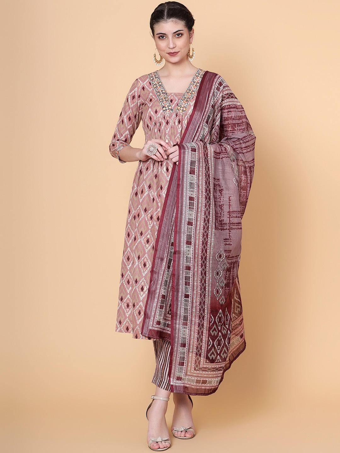 

Bani Women Geometric Printed Empire Kurta With Trousers & Dupatta, Pink