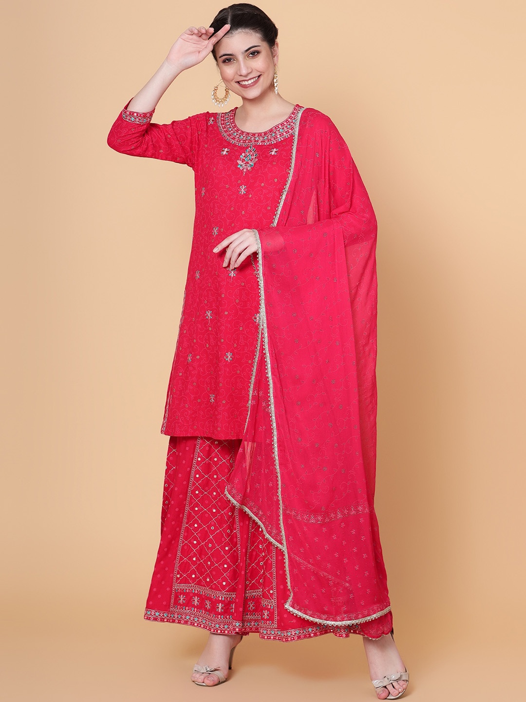 

Bani Women Ethnic Motifs Embroidered Regular Thread Work Liva Kurta With Sharara & Dupatta, Pink