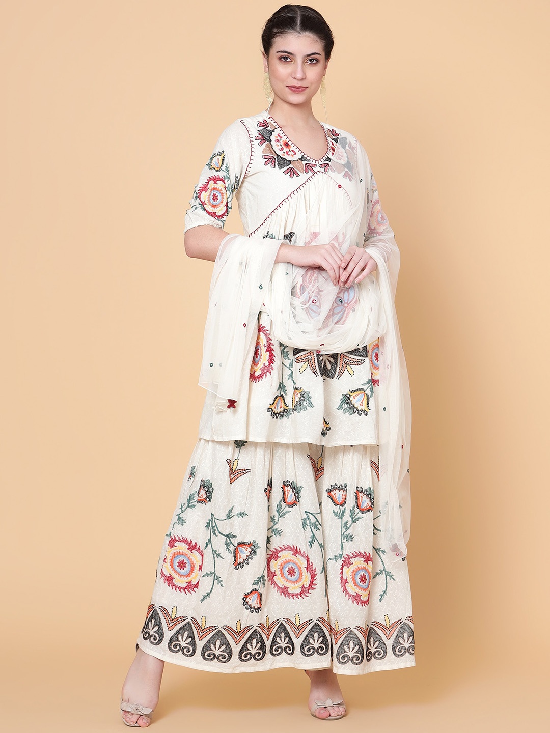 

Bani Women Floral Embroidered Empire Thread Work Pure Cotton Kurta With Sharara & Dupatta, Cream