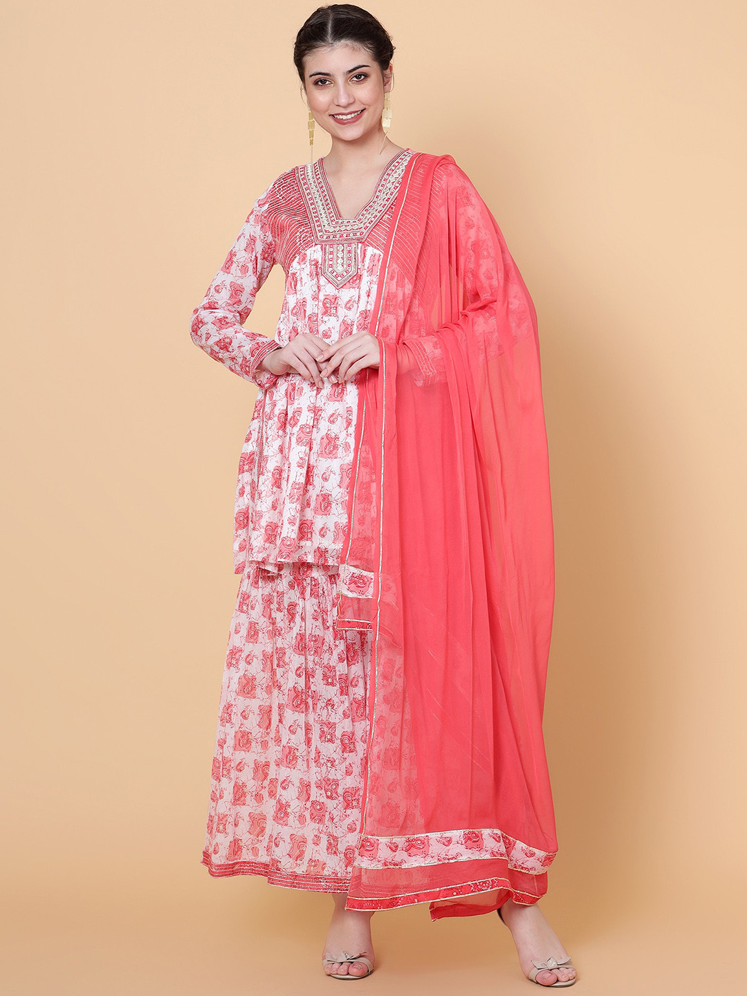 

Bani Women Floral Printed Empire Sequinned Pure Cotton Kurta With Sharara & Dupatta, Pink