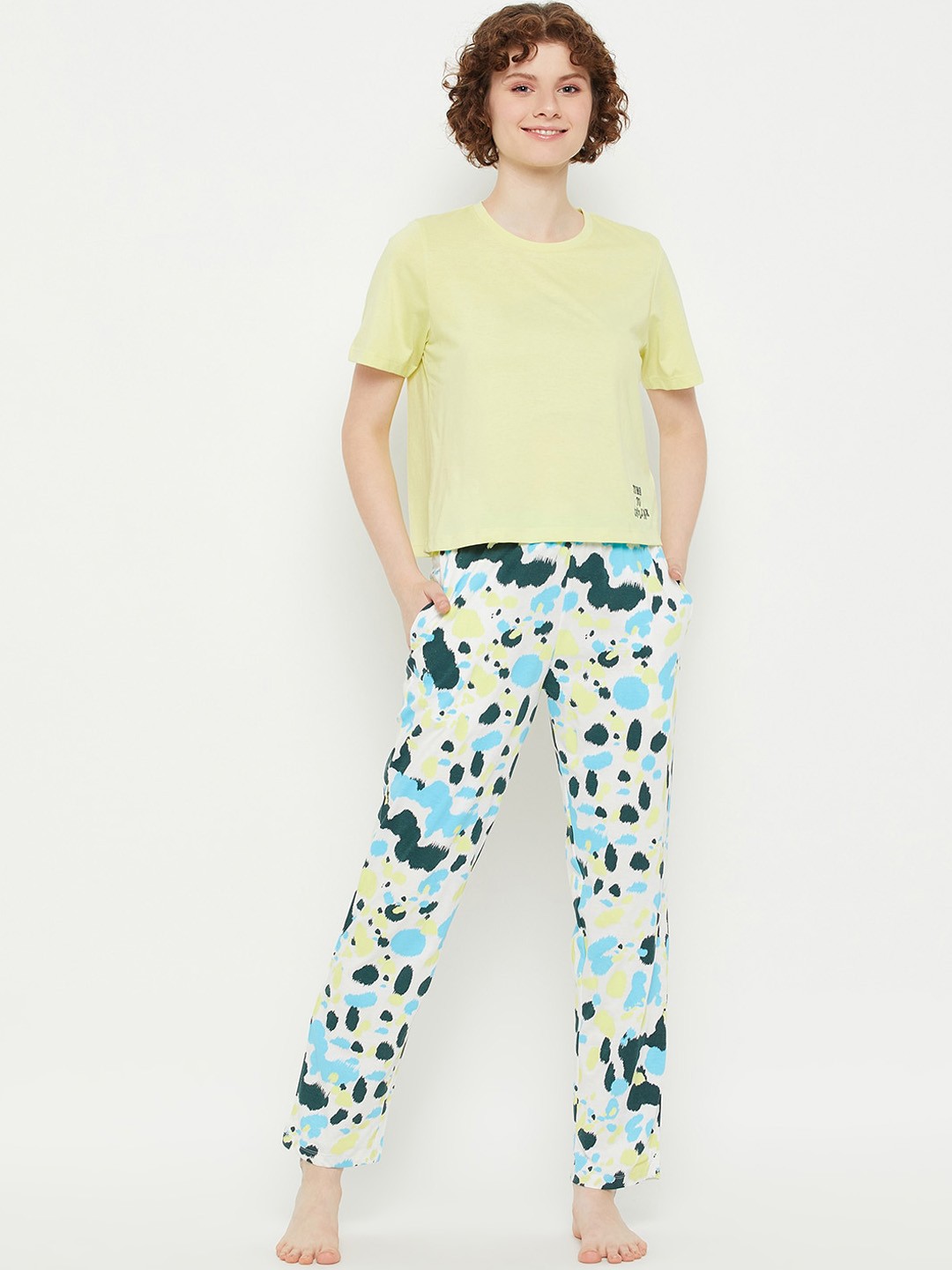 

MADAME M SECRET Abstract Printed Round Neck Night suit, Lime green
