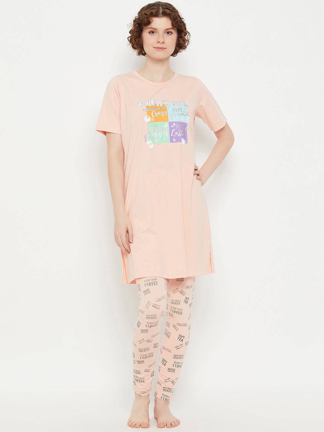 

MADAME M SECRET Typography Printed Night Suit, Peach