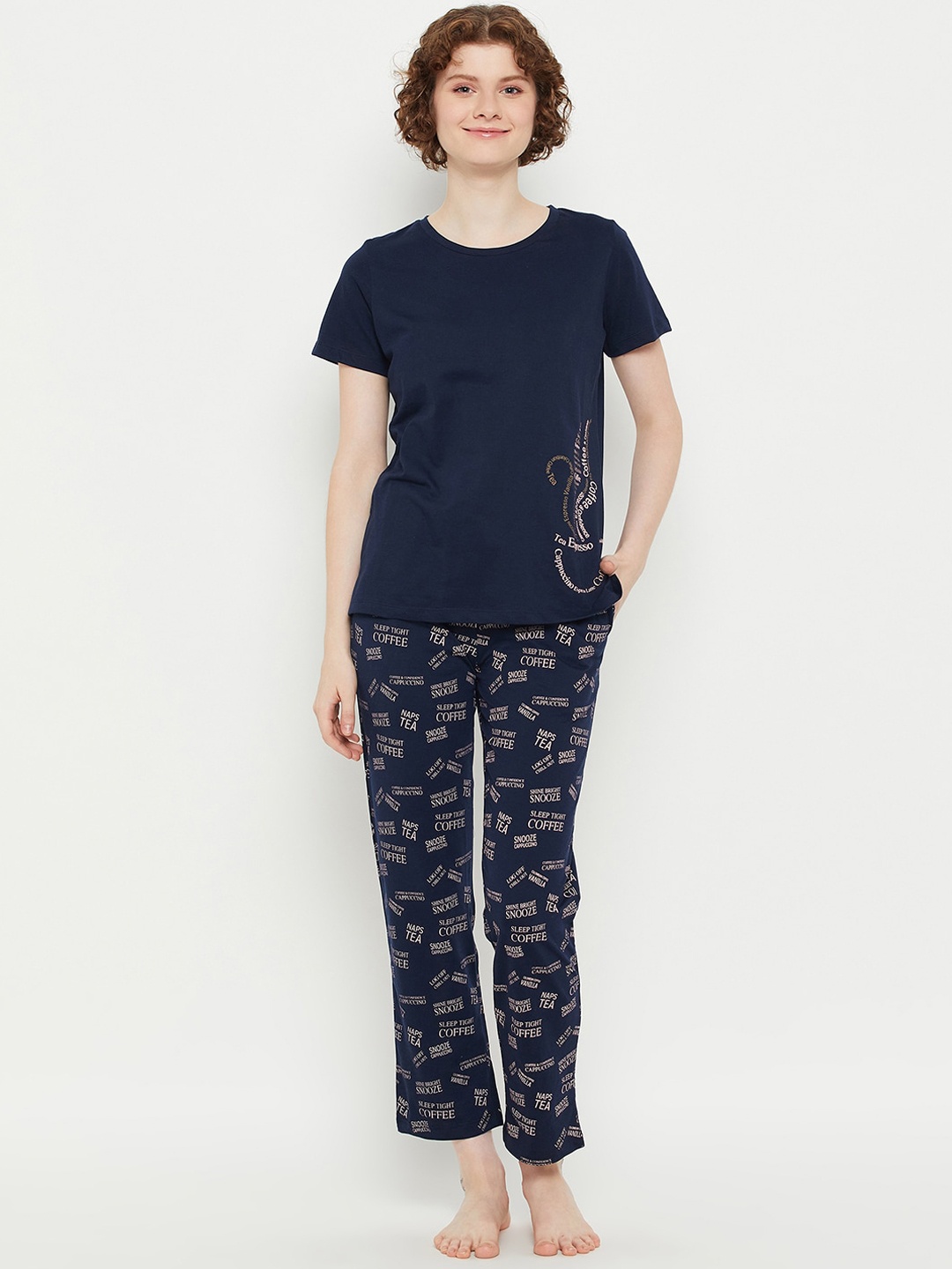 

MADAME M SECRET Typography Printed Night Suit, Navy blue