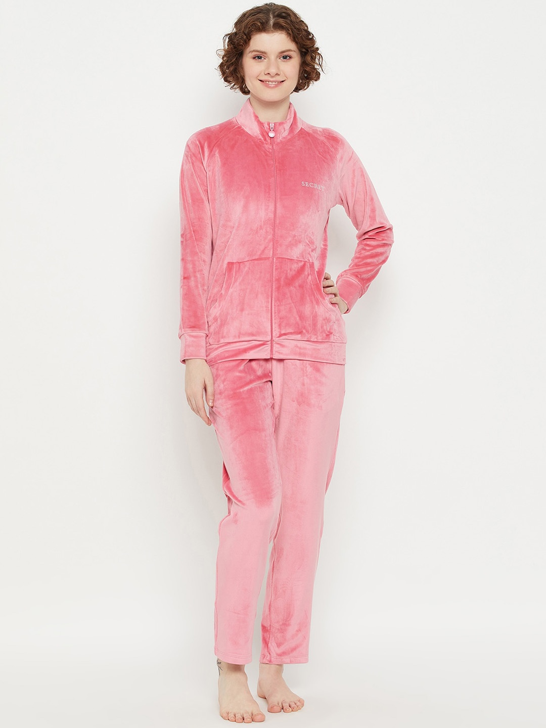 

MADAME M SECRET Mandarin Collar Long Sleeves Night suit, Pink