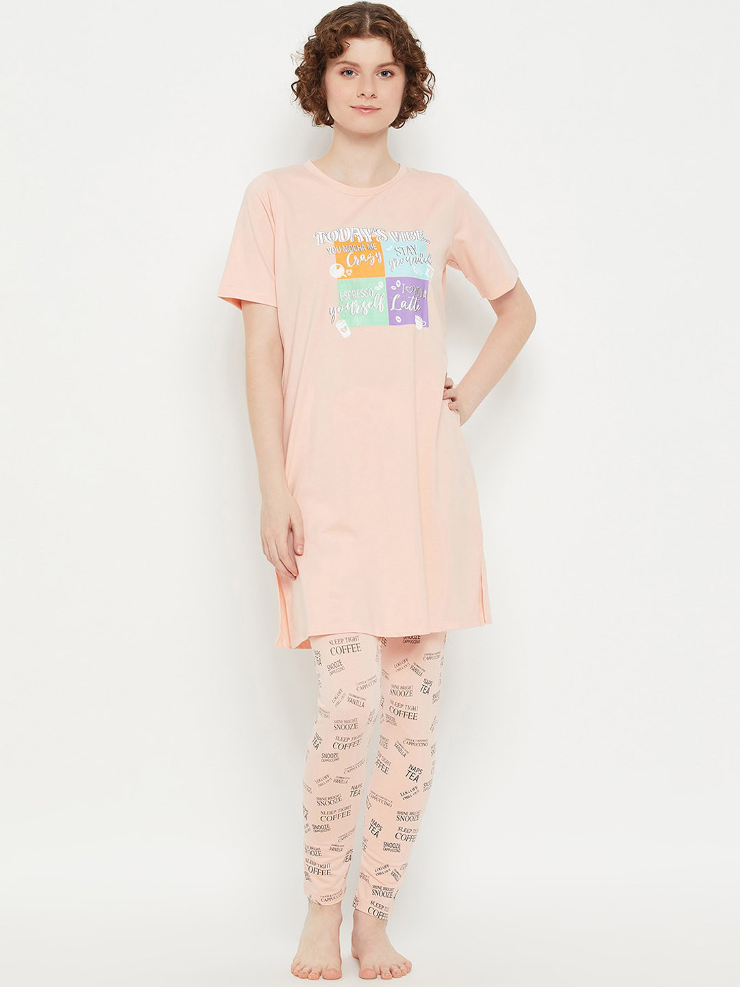 

MADAME M SECRET Typography Printed Round Neck Longline T-Shirt With Pyjamas, Peach