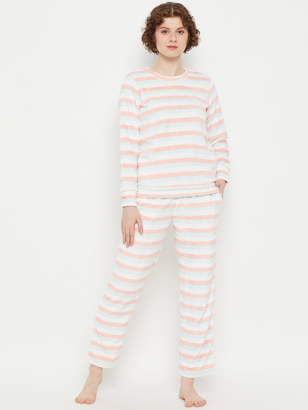 

MADAME M SECRET Striped Round Neck T-Shirt With Pyjamas, White