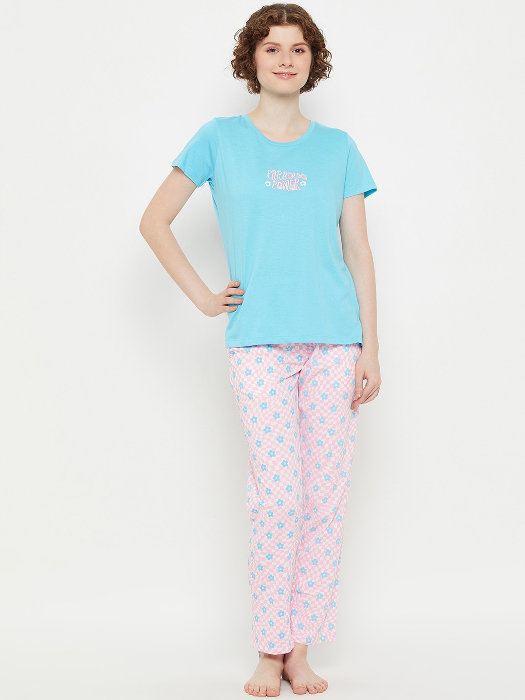 

MADAME M SECRET Printed Round Neck T-Shirt With Pyjamas, Turquoise blue