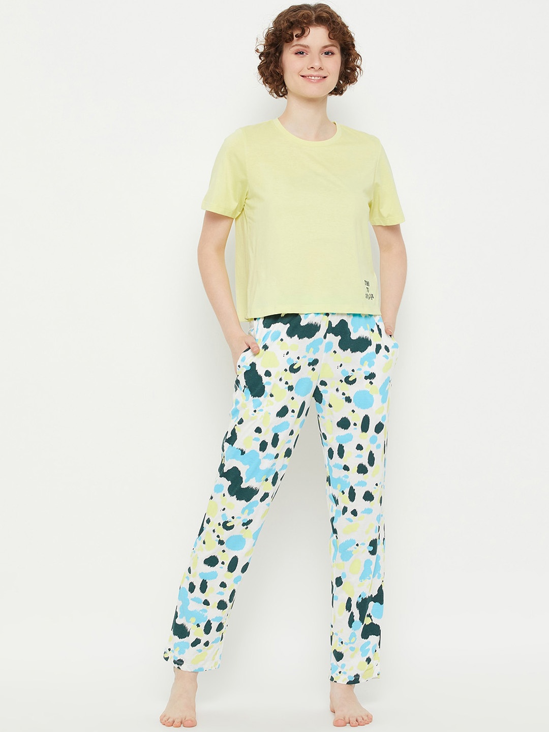 

MADAME M SECRET Round Neck T-Shirt With Pyjamas, Yellow