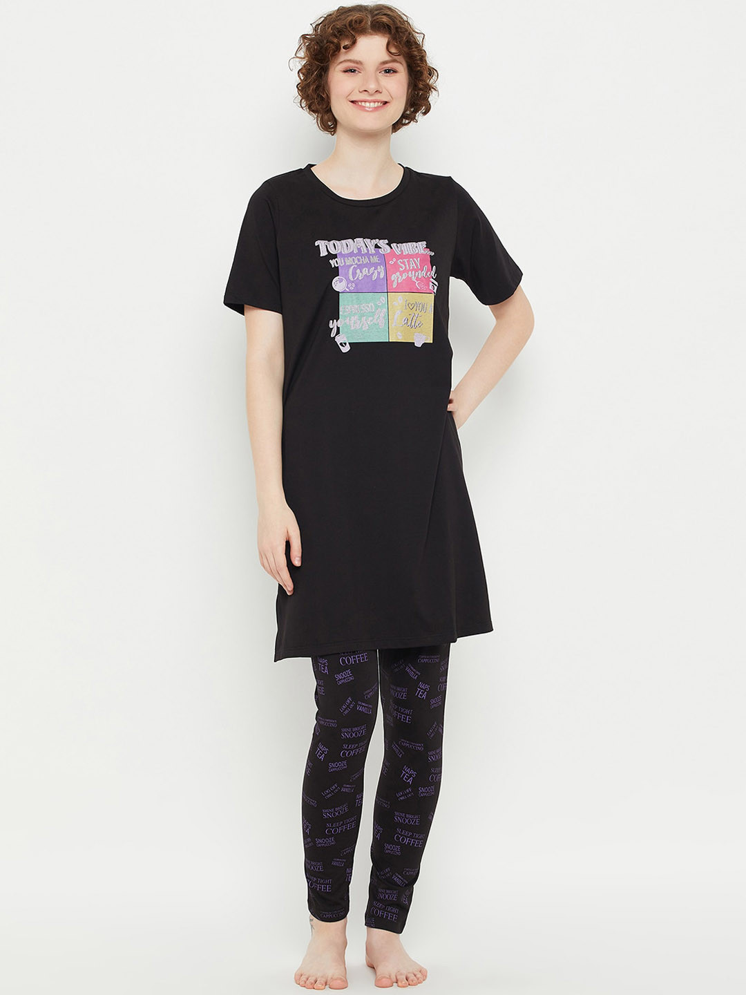 

MADAME M SECRET Typography Printed Round Neck Longline T-Shirt With Pyjamas, Black